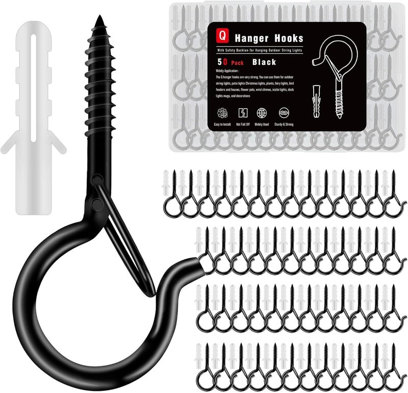 KULOLO Black Screw Hooks with Safety Lock 2.3" Rustproof Metal Ceiling Hooks for Hanging Plants, Baskets,String Lights & Outdoor Decor, 40LB Capacity (50, Black) - Image 1